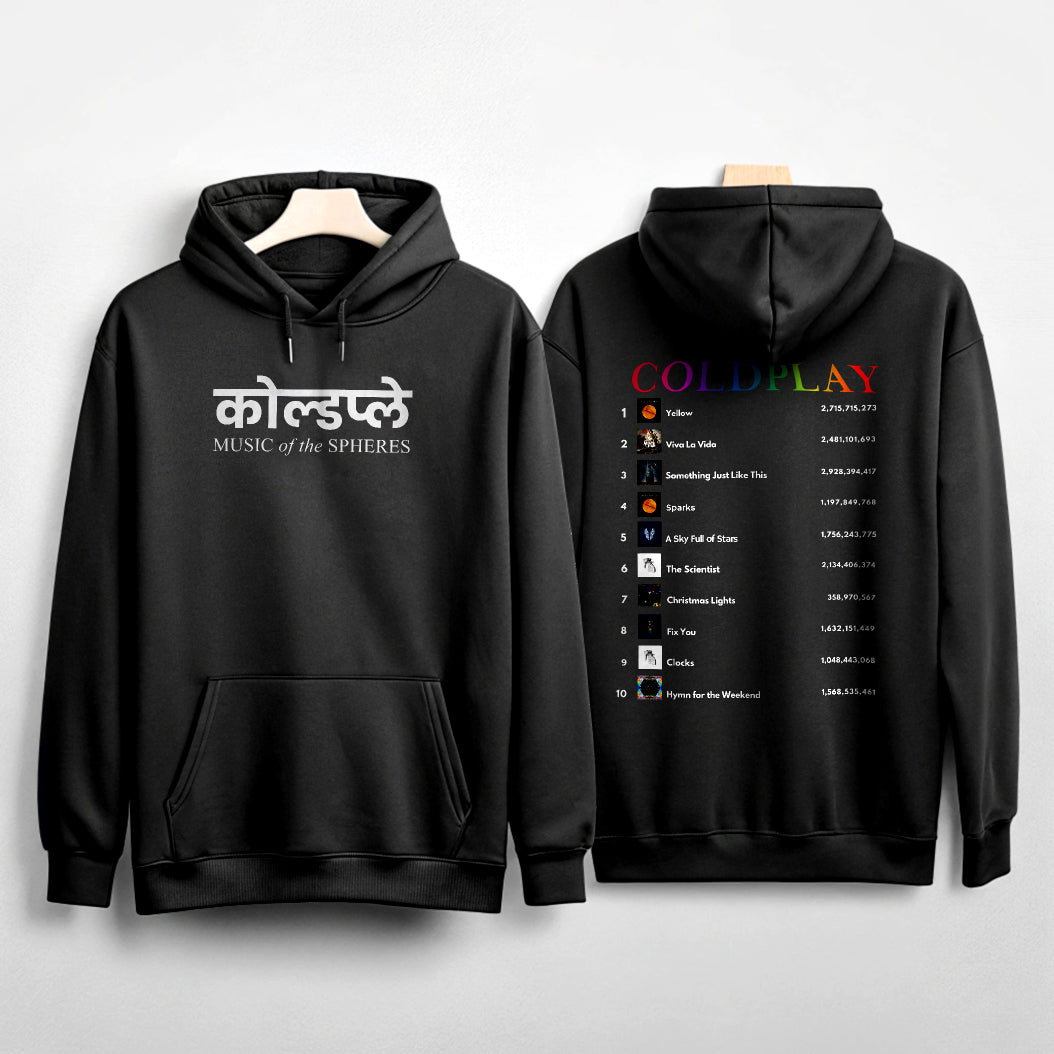 Coldplay White Hoodie with Hindi Print (Dual-Sided Design)