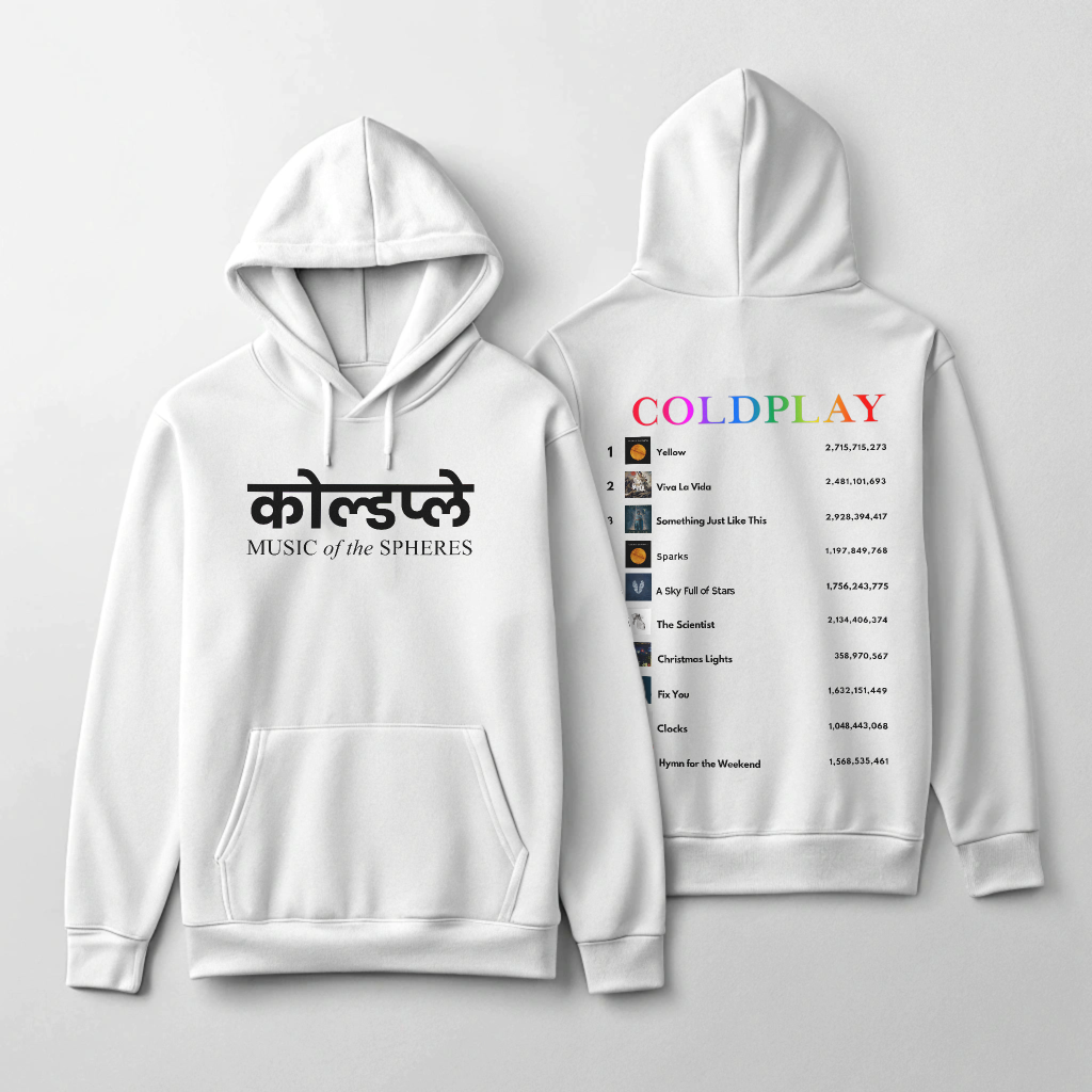 Coldplay White Hoodie with Hindi Print (Dual-Sided Design)
